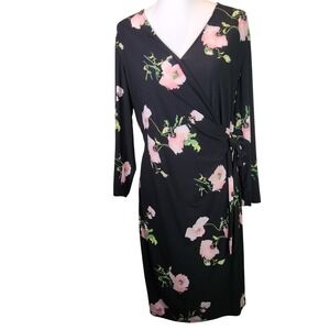 Anne Klein Black Pink Floral Faux Wrap Midi Dress Long Sleeve Size 16